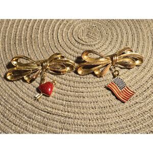 2 Vintage Phister Ent. 1996 Brooches, Ribbon & Heart and Ribbon & American Flag